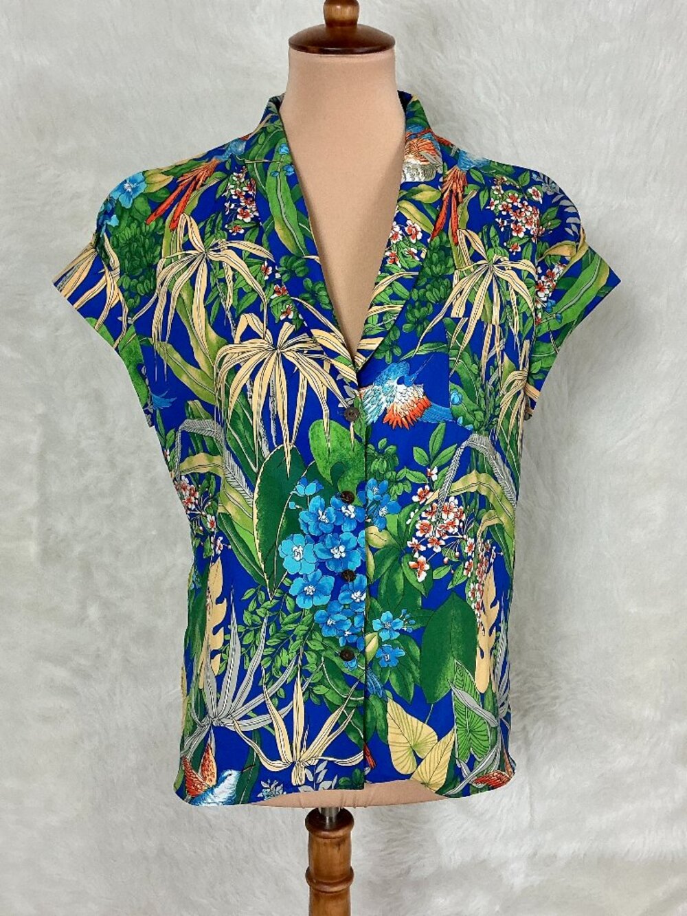 Vintage 70s 80s Fumi's Honolulu Hawaii Green Yellow Blue Bird Floral Shirt M/L